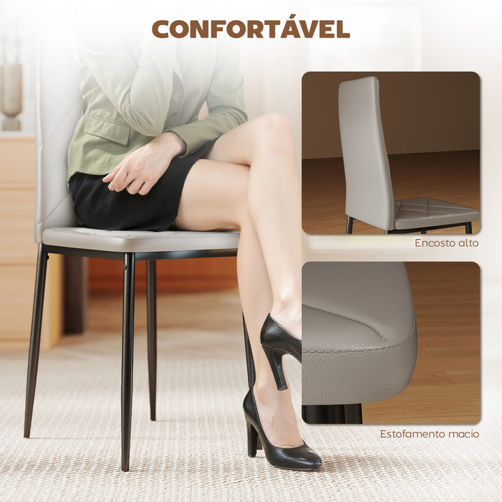 Conjunto de 4 Cadeiras de Sala de Jantar Estofadas em Couro Sintético Cadeiras de Cozinha com Encosto Alto e Pés de Aço Carga Máxima 120kg 41x50x97 cm Cinza