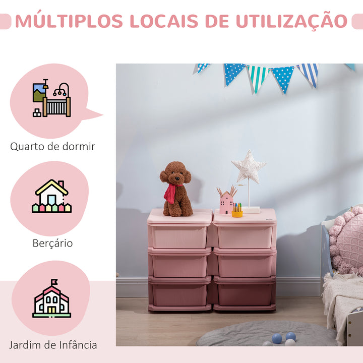 Organizador de Brinquedos com 6 Gavetas Gavetas de Arrumação para Crianças acima de 3 Anos com Bordas Arredondadas e Pegas para Sala de Jogos Quarto 75x37x56,5 cm Rosa