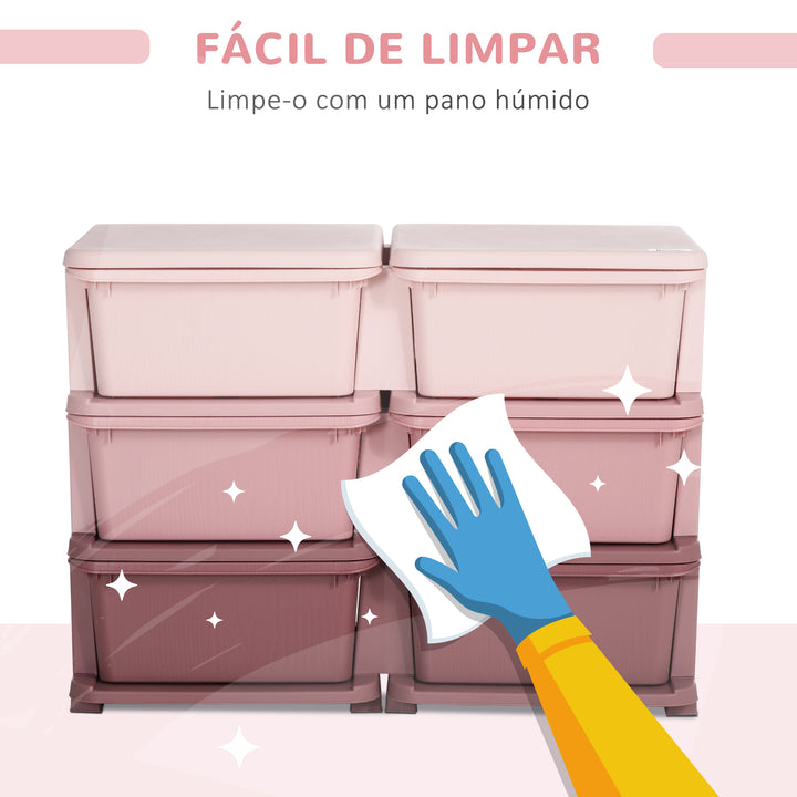 Organizador de Brinquedos com 6 Gavetas Gavetas de Arrumação para Crianças acima de 3 Anos com Bordas Arredondadas e Pegas para Sala de Jogos Quarto 75x37x56,5 cm Rosa