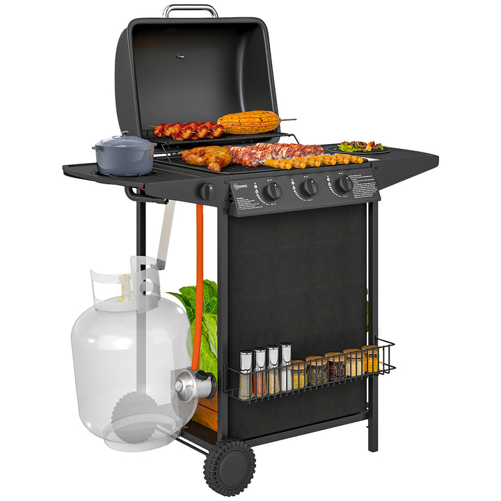 Barbecue a Gás com 3+1 Queimadores 9,5 kW Barbecue Portátil com Termómetro Mesa Lateral Prateleira para Temperos Grelha Recolhedor de Gordura 2 Rodas para Jardim Exterior Campismo 108x54x97 cm Preto