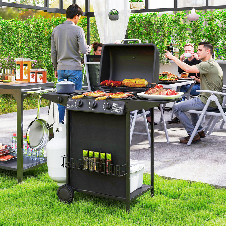 Barbecue a Gás com 3+1 Queimadores 9,5 kW Barbecue Portátil com Termómetro Mesa Lateral Prateleira para Temperos Grelha Recolhedor de Gordura 2 Rodas para Jardim Exterior Campismo 108x54x97 cm Preto
