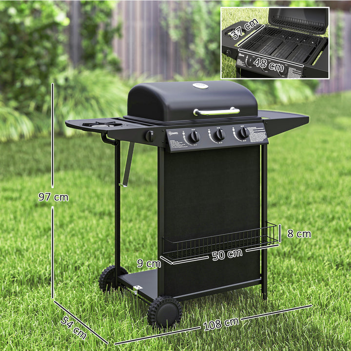 Barbecue a Gás com 3+1 Queimadores 9,5 kW Barbecue Portátil com Termómetro Mesa Lateral Prateleira para Temperos Grelha Recolhedor de Gordura 2 Rodas para Jardim Exterior Campismo 108x54x97 cm Preto