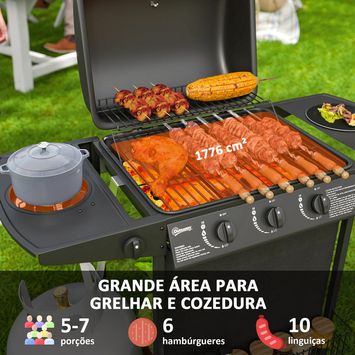 Barbecue a Gás com 3+1 Queimadores 9,5 kW Barbecue Portátil com Termómetro Mesa Lateral Prateleira para Temperos Grelha Recolhedor de Gordura 2 Rodas para Jardim Exterior Campismo 108x54x97 cm Preto