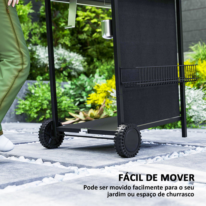 Barbecue a Gás com 3+1 Queimadores 9,5 kW Barbecue Portátil com Termómetro Mesa Lateral Prateleira para Temperos Grelha Recolhedor de Gordura 2 Rodas para Jardim Exterior Campismo 108x54x97 cm Preto