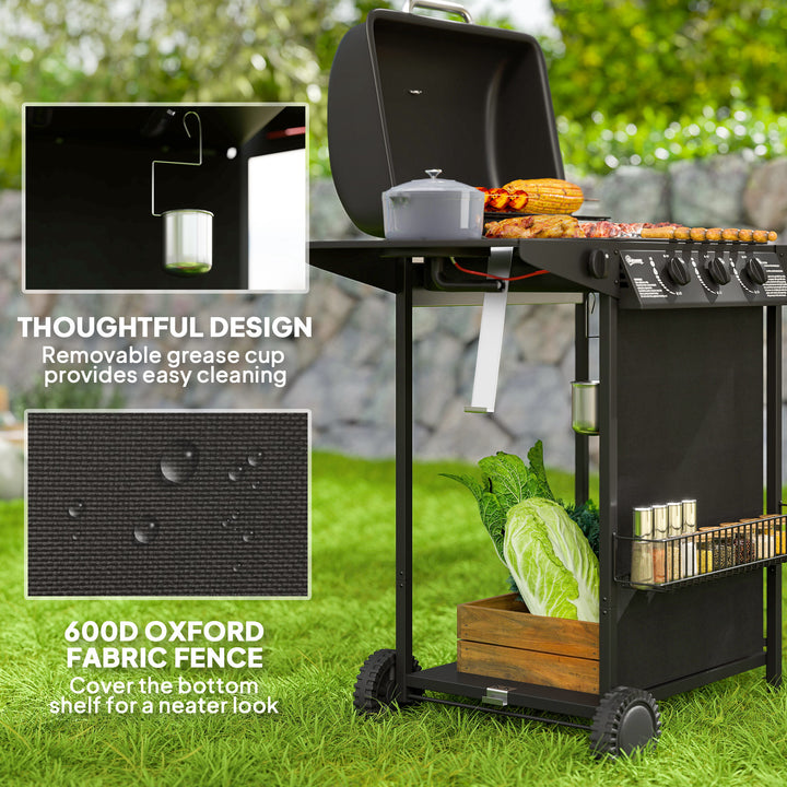 Barbecue a Gás com 3+1 Queimadores 9,5 kW Barbecue Portátil com Termómetro Mesa Lateral Prateleira para Temperos Grelha Recolhedor de Gordura 2 Rodas para Jardim Exterior Campismo 108x54x97 cm Preto