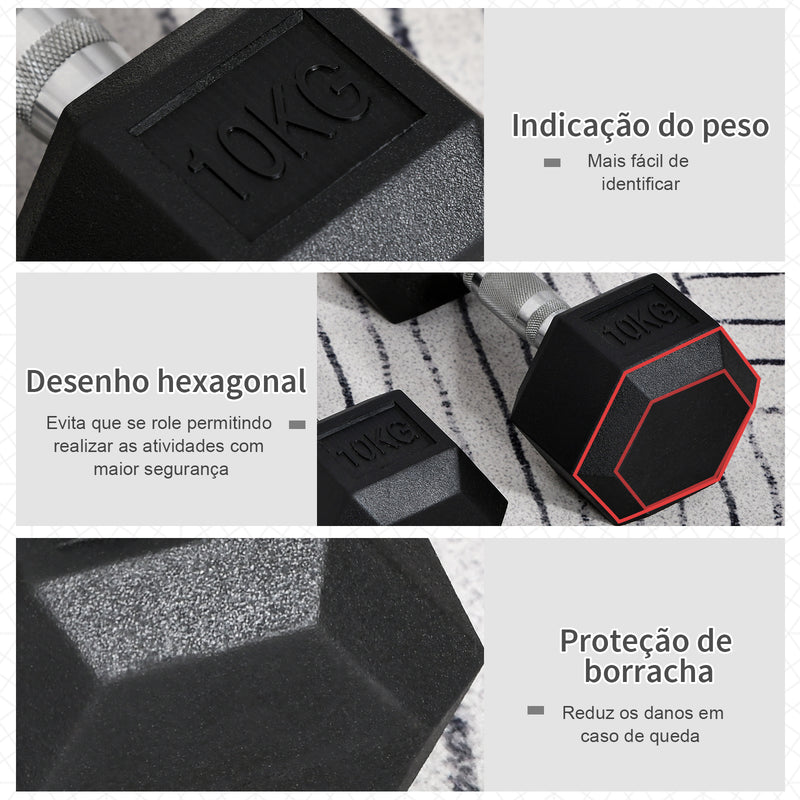 Conjunto de Halteres 20 kg com Barra Metálica e Cabeça Hexagonal Conjunto Pesos para Treino em Casa Ginásio 31x13,5 cm Preto e Prata