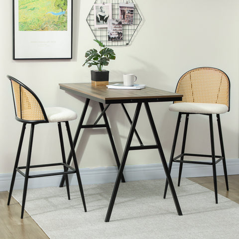 Conjunto de 2 Bancos de Bar Bancos Altos de Cozinha com Encosto de Vime Assento Estofado em Borrego Estrutura de Aço e Apoio para Pés 48x54x102 cm Creme