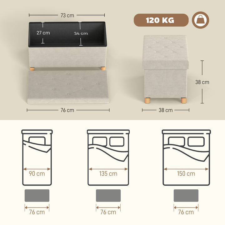 Banco de Armazenamento Dobrável Puff de Armazenamento Capacidade de 67 L Estofado em Veludo Baú de Armazenamento Quarto Carga 120 kg para Sala de Estar Entrada 76x38x38 cm Creme