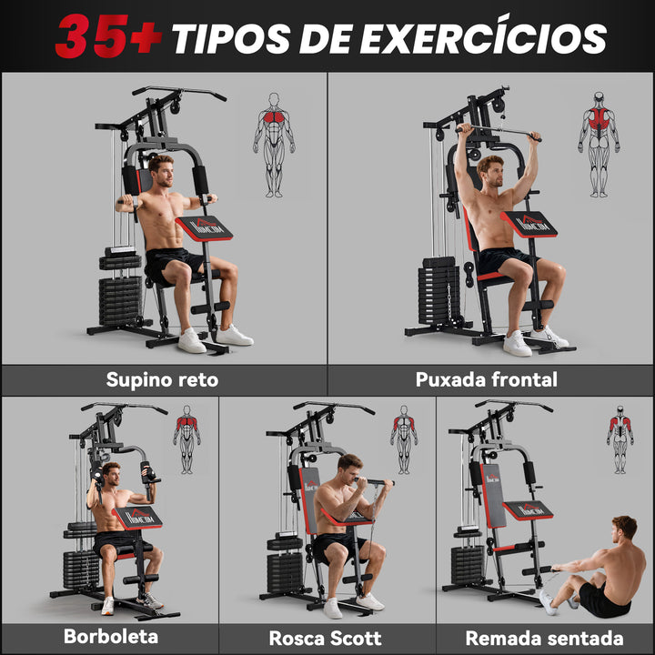 Multiestação de Musculação, Máquina com Prensa de Peito, Pesos de 65 kg, Curl de Pernas e Braços, Roldana, Carga Máxima 100 kg, para Treino em Casa, Preto