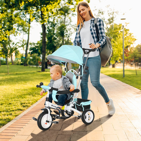 Triciclo para Bebés 2 em 1 Triciclo Evolutivo para Crianças de +12 Meses com Toldo Dobrável Guiador Telescópico e Removível Cinto de Segurança e Cesto 95x50x106 cm Verde Mint