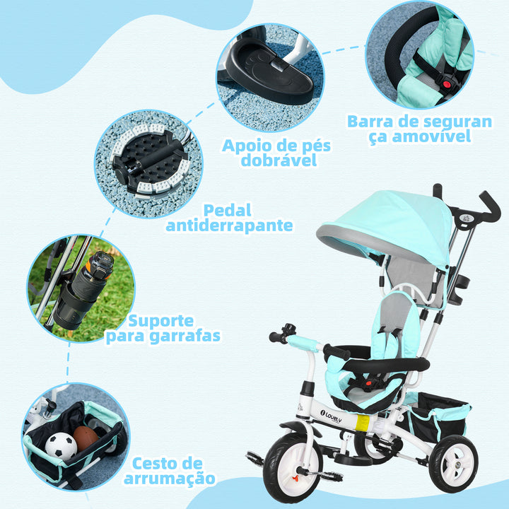 Triciclo para Bebés 2 em 1 Triciclo Evolutivo para Crianças de +12 Meses com Toldo Dobrável Guiador Telescópico e Removível Cinto de Segurança e Cesto 95x50x106 cm Verde Mint