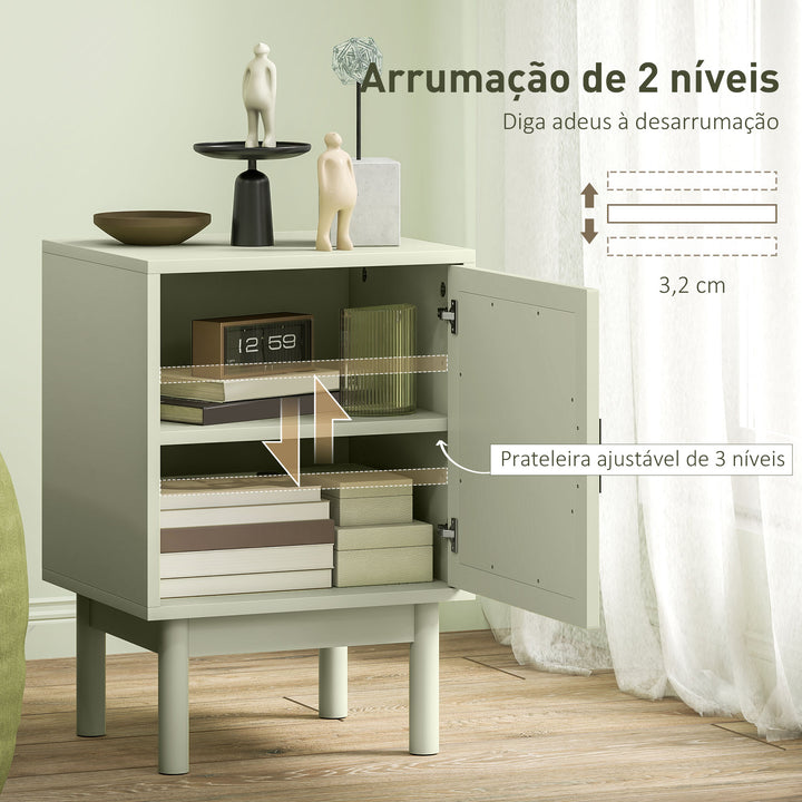 Mesa de Cabeceira Mesa de Cabeceira com Porta de Vime Prateleira Ajustável e Pés de Madeira Estilo Boémio Mesa Auxiliar para Sala de Estar Quarto 40x35x58 cm Verde Claro