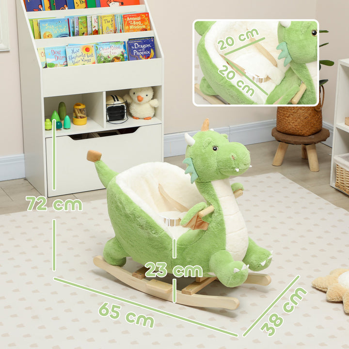 Baloiço para Bebés com Som de Dragão Baloiço de Pelúcia com Base de Madeira Cinto de Segurança para Crianças de 18-36 Meses 65x38x72 cm Verde