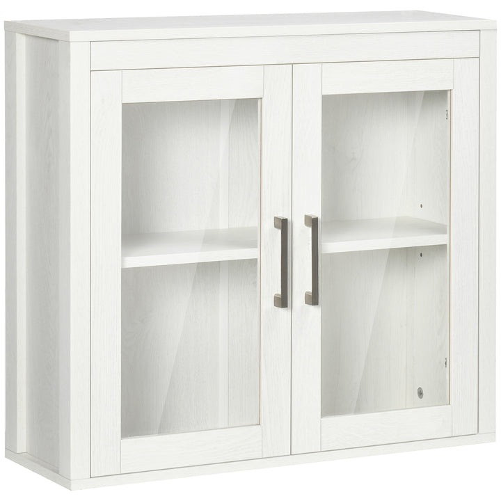 Armário Casa de Banho de Parede com 2 Portas de Vidro e Prateleira Ajustável Móvel Suspenso de Casa de Banho para Cozinha Dormitório Estilo Moderno 60x19,5x54cm Branco