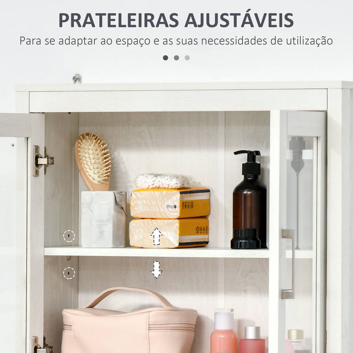 Armário Casa de Banho de Parede com 2 Portas de Vidro e Prateleira Ajustável Móvel Suspenso de Casa de Banho para Cozinha Dormitório Estilo Moderno 60x19,5x54cm Branco