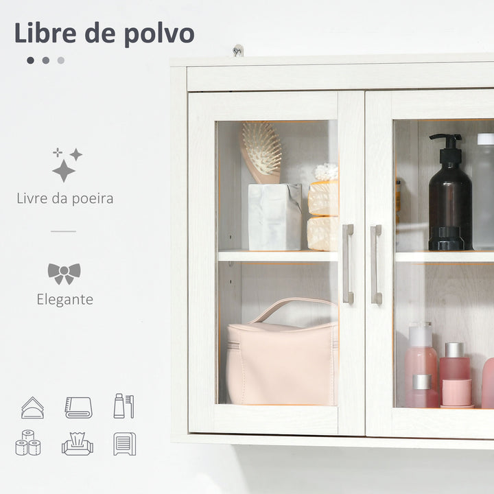 Armário Casa de Banho de Parede com 2 Portas de Vidro e Prateleira Ajustável Móvel Suspenso de Casa de Banho para Cozinha Dormitório Estilo Moderno 60x19,5x54cm Branco