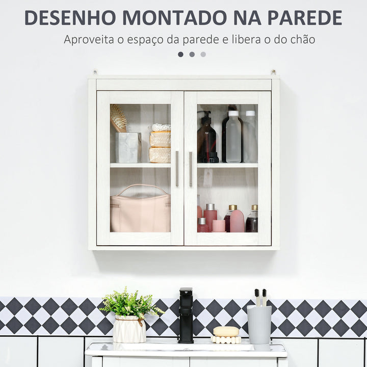 Armário Casa de Banho de Parede com 2 Portas de Vidro e Prateleira Ajustável Móvel Suspenso de Casa de Banho para Cozinha Dormitório Estilo Moderno 60x19,5x54cm Branco