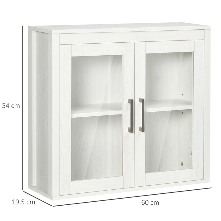 Armário Casa de Banho de Parede com 2 Portas de Vidro e Prateleira Ajustável Móvel Suspenso de Casa de Banho para Cozinha Dormitório Estilo Moderno 60x19,5x54cm Branco