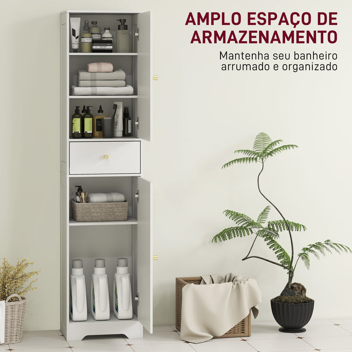 Coluna Casa de Banho com 2 Portas Arqueadas Gaveta e Prateleiras Ajustáveis Armário Alto Estreito de Casa de Banho Estilo Moderno para Sala de Estar Lavabo Cozinha 40x29,5x170 cm Branco com Veios