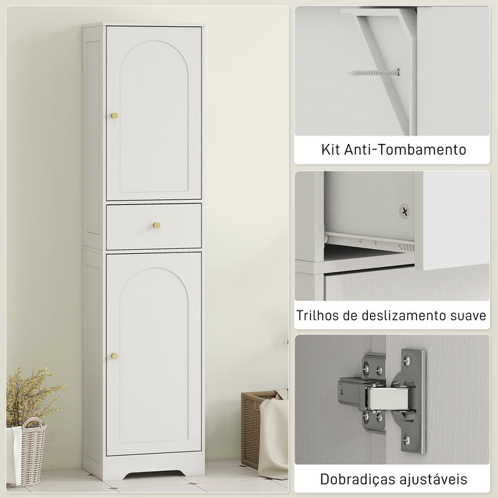 Coluna Casa de Banho com 2 Portas Arqueadas Gaveta e Prateleiras Ajustáveis Armário Alto Estreito de Casa de Banho Estilo Moderno para Sala de Estar Lavabo Cozinha 40x29,5x170 cm Branco com Veios