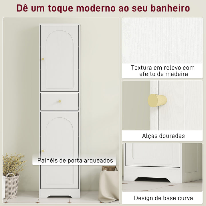 Coluna Casa de Banho com 2 Portas Arqueadas Gaveta e Prateleiras Ajustáveis Armário Alto Estreito de Casa de Banho Estilo Moderno para Sala de Estar Lavabo Cozinha 40x29,5x170 cm Branco com Veios