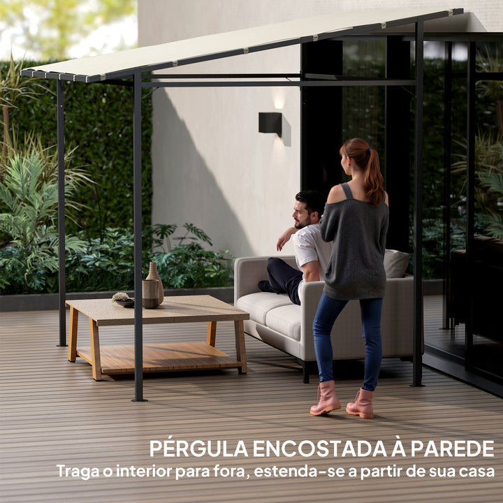 Pérgola de Parede 2,4x2,4 m Pérgola de Jardim com Teto Inclinado Proteção UV 30+ Impermeável e Estrutura de Metal para Pátio Terraço Varanda Creme