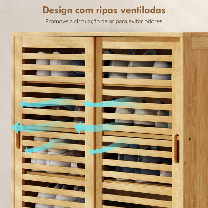 Sapateira de Bambu com 2 Portas de Correr de Ripas Sapateira de Entrada com Prateleiras Ajustáveis para 16 Pares de Sapatos 80x35x80 cm Madeira