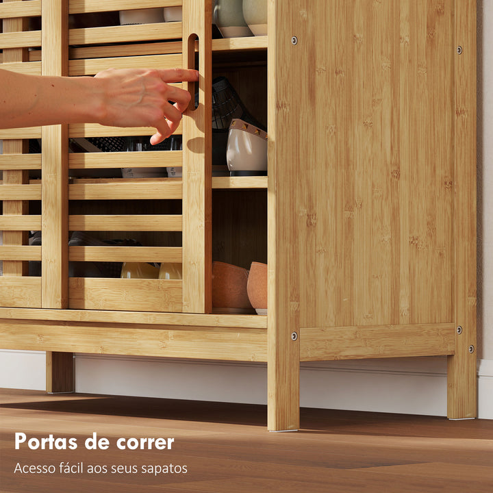 Sapateira de Bambu com 2 Portas de Correr de Ripas Sapateira de Entrada com Prateleiras Ajustáveis para 16 Pares de Sapatos 80x35x80 cm Madeira