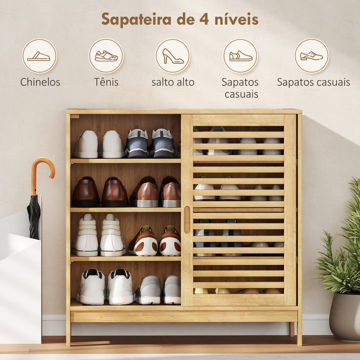 Sapateira de Bambu com 2 Portas de Correr de Ripas Sapateira de Entrada com Prateleiras Ajustáveis para 16 Pares de Sapatos 80x35x80 cm Madeira