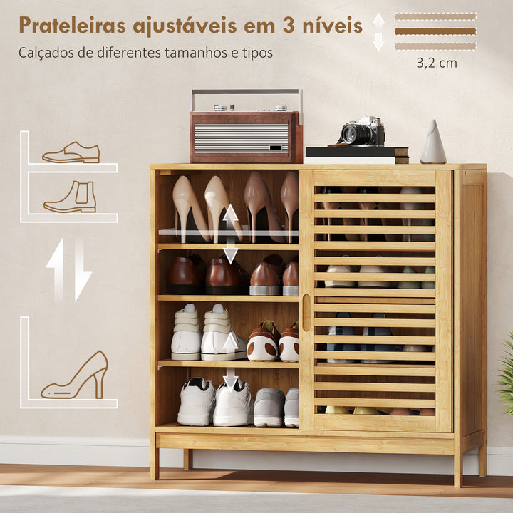 Sapateira de Bambu com 2 Portas de Correr de Ripas Sapateira de Entrada com Prateleiras Ajustáveis para 16 Pares de Sapatos 80x35x80 cm Madeira