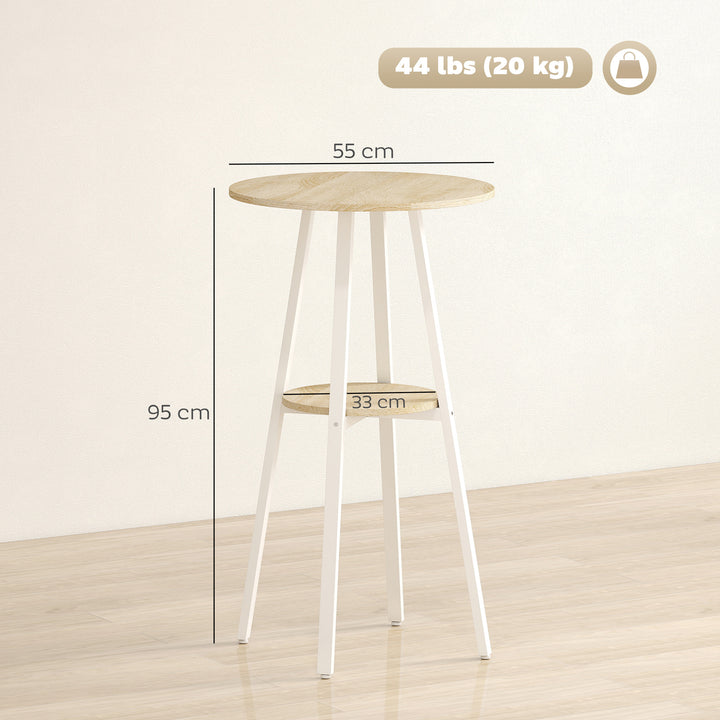 Mesa Alta de Cozinha Redonda com Prateleira de Armazenamento Mesa Alta de Bar Moderna para 2 Pessoas com Estrutura de Metal 55x55x95 cm Madeira e Branco