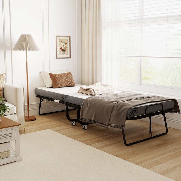 Cama Dobrável 200x75x42,5cm Cama de Campismo Portátil com Colchão Individual Rodas e Freios Carga Máxima 150kg para Dormitórios Branco