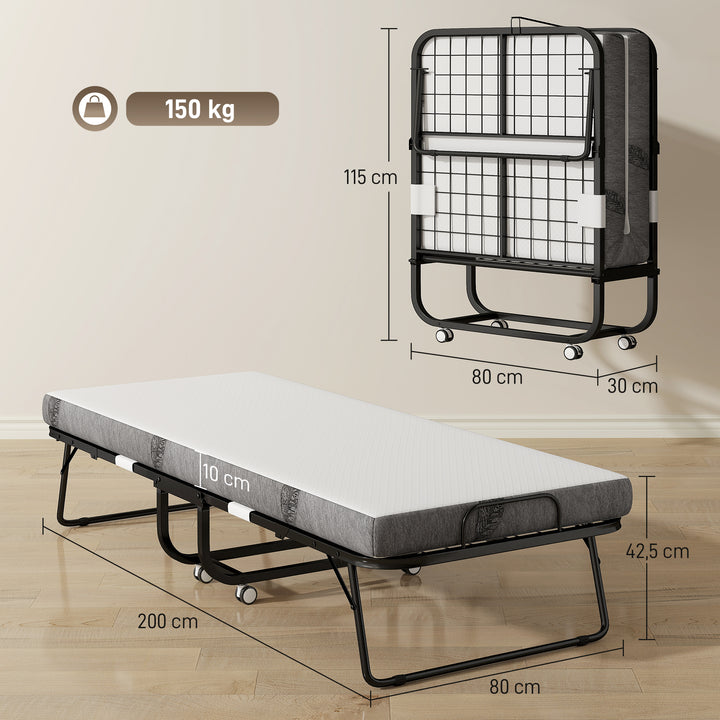 Cama Dobrável 200x75x42,5cm Cama de Campismo Portátil com Colchão Individual Rodas e Freios Carga Máxima 150kg para Dormitórios Branco