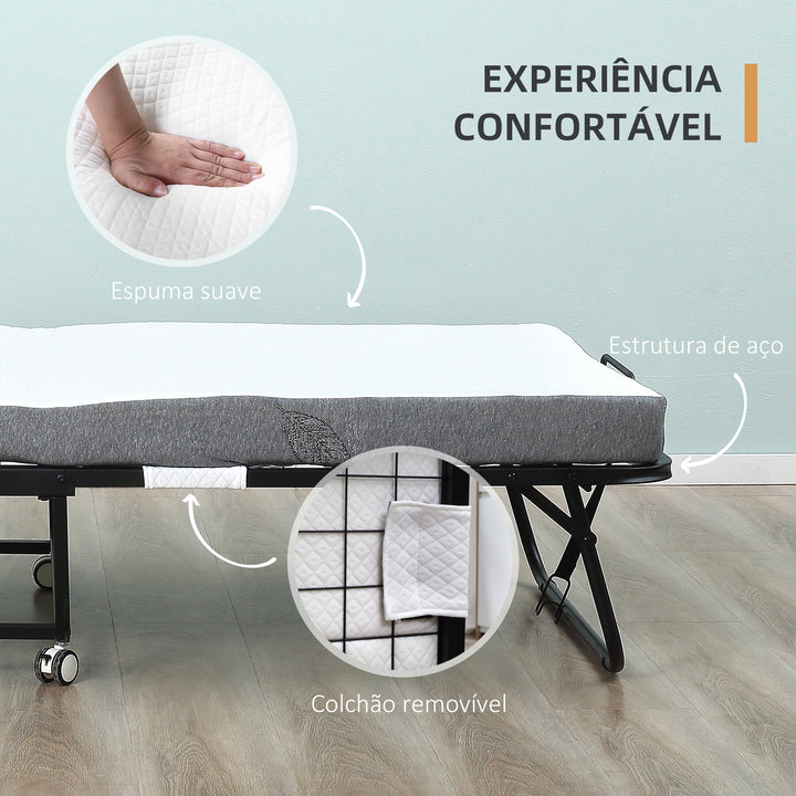 Cama Dobrável 200x75x42,5cm Cama de Campismo Portátil com Colchão Individual Rodas e Freios Carga Máxima 150kg para Dormitórios Branco