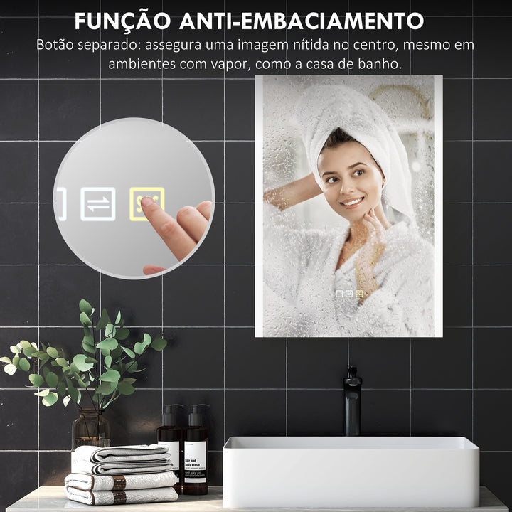 Espelho de Casa de Banho com Luz LED 70x50 cm Espelho de Casa de Banho com 3 Cores de Luz Função Antiembaciamento Função de Memória IP44 Horizontal ou Vertical