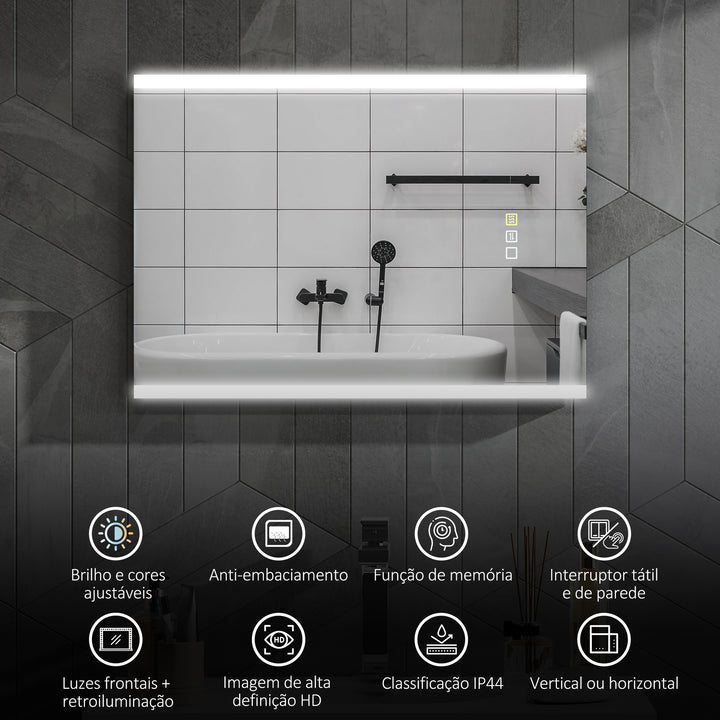 Espelho de Casa de Banho com Luz LED 70x50 cm Espelho de Casa de Banho com 3 Cores de Luz Função Antiembaciamento Função de Memória IP44 Horizontal ou Vertical