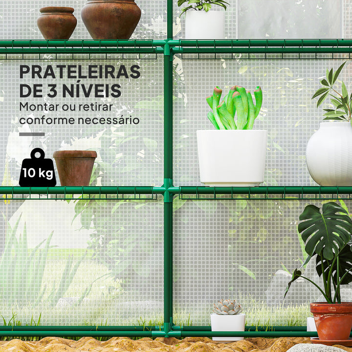 Estufa de Jardim de 3 Níveis Estufa de Exterior com 12 Prateleiras Porta Enrolável Janelas Anti-UV Cobertura de PE 135g/m² para Cultivos Plantas Flores 140x213x190 cm Branco