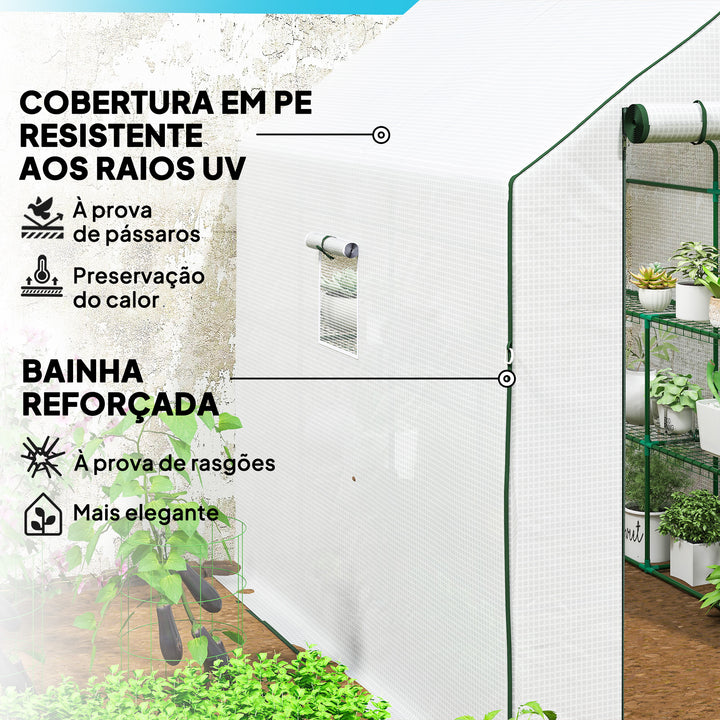 Estufa de Jardim de 3 Níveis Estufa de Exterior com 12 Prateleiras Porta Enrolável Janelas Anti-UV Cobertura de PE 135g/m² para Cultivos Plantas Flores 140x213x190 cm Branco