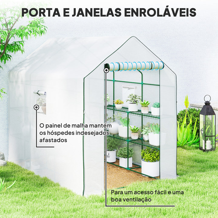 Estufa de Jardim de 3 Níveis Estufa de Exterior com 12 Prateleiras Porta Enrolável Janelas Anti-UV Cobertura de PE 135g/m² para Cultivos Plantas Flores 140x213x190 cm Branco