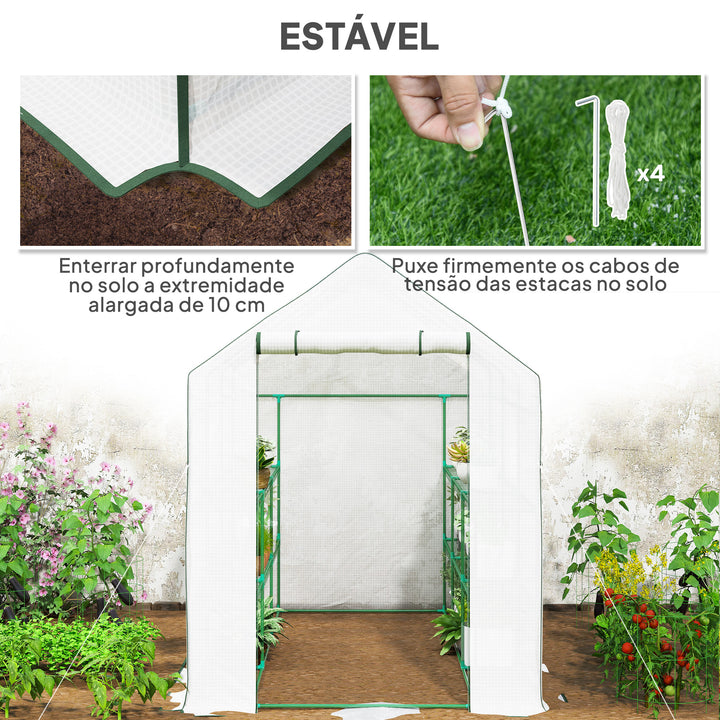 Estufa de Jardim de 3 Níveis Estufa de Exterior com 12 Prateleiras Porta Enrolável Janelas Anti-UV Cobertura de PE 135g/m² para Cultivos Plantas Flores 140x213x190 cm Branco