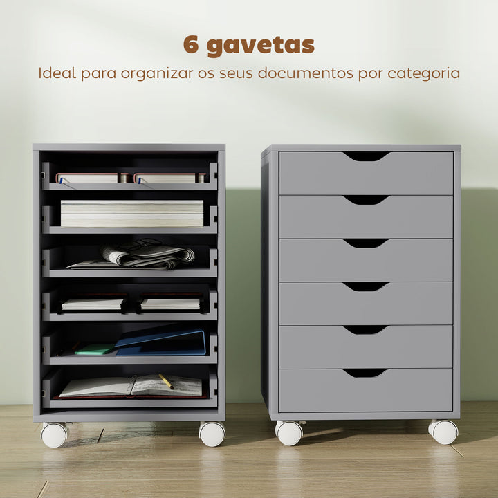 Bloco de Gavetas Móvel Arquivador com 6 Gavetas Suporte para Impressora com Rodas Guias Deslizantes Silenciosas para Escritório Casa 40x35x63 cm Cinzento