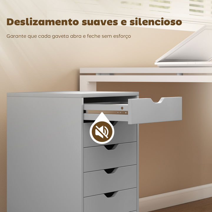Bloco de Gavetas Móvel Arquivador com 6 Gavetas Suporte para Impressora com Rodas Guias Deslizantes Silenciosas para Escritório Casa 40x35x63 cm Cinzento
