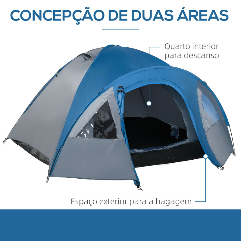 Tenda de Campismo para 4 Pessoas Tenda de Campismo com Janelas 2 Bolsos e Bolsa de Transporte 300x250x130 cm Cinza e Azul