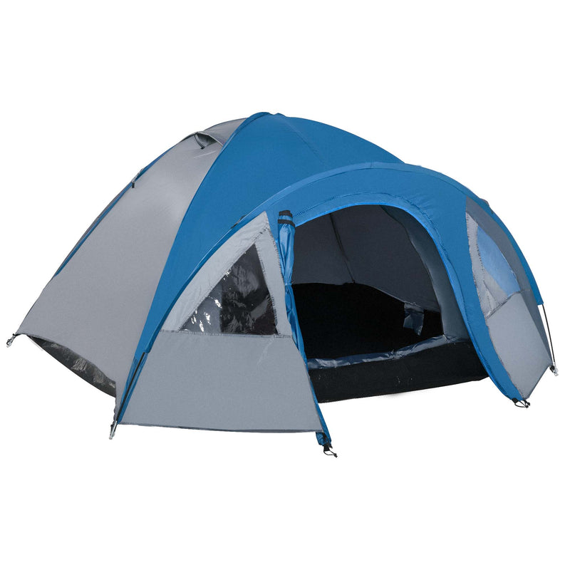 Tenda de Campismo para 4 Pessoas Tenda de Campismo com Janelas 2 Bolsos e Bolsa de Transporte 300x250x130 cm Cinza e Azul