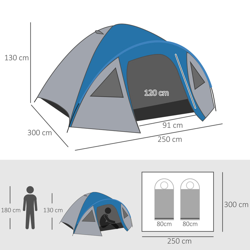 Tenda de Campismo para 4 Pessoas Tenda de Campismo com Janelas 2 Bolsos e Bolsa de Transporte 300x250x130 cm Cinza e Azul