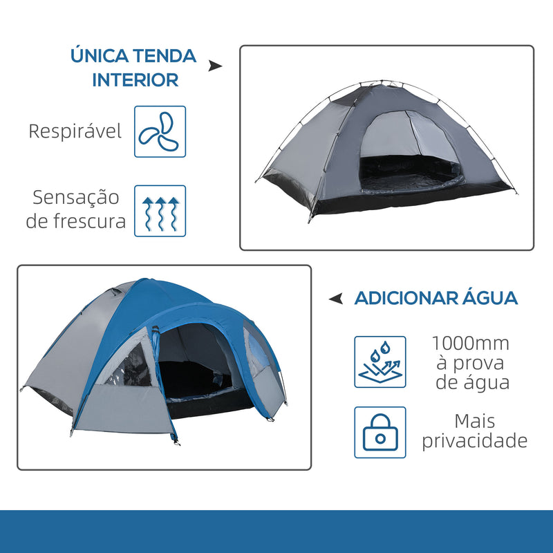 Tenda de Campismo para 4 Pessoas Tenda de Campismo com Janelas 2 Bolsos e Bolsa de Transporte 300x250x130 cm Cinza e Azul