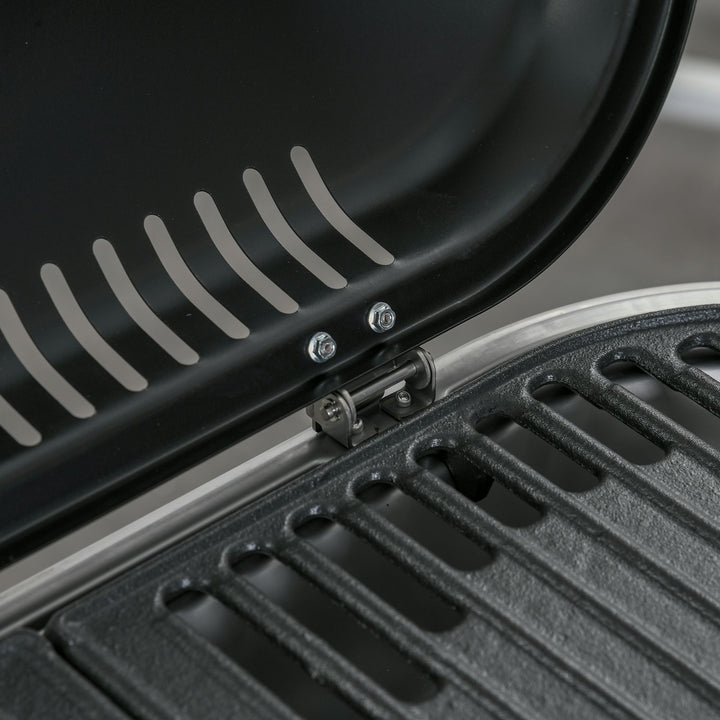 Barbecue a Gás Dobrável com 2 Queimadores 2,34 KW Barbecue a Gás com 2 Rodas 2 Grelhas Metálicas e 2 Mesas Laterais para Piquenique Campismo 100x41,6x82,5 cm Preto