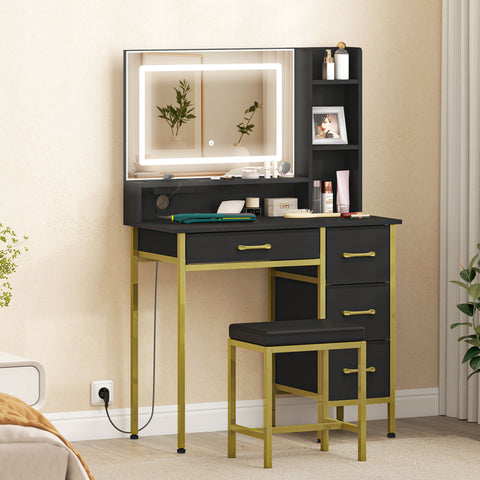 Toucador de Maquilhagem com Espelho e Luzes LED, Estação de Carregamento Toucador com Banco 3 Tons de Luz 4 Gavetas em Tecido Prateleiras para Quarto Preto