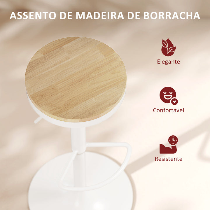 Conjunto de 2 Bancos de Bar Giratórios Bancos Altos de Cozinha com Altura Ajustável Assento em Madeira Estrutura em Aço e Descanso para Pés para Sala de Jantar Balcão 38,5x38,5x60-80 cm Madeira e Branco