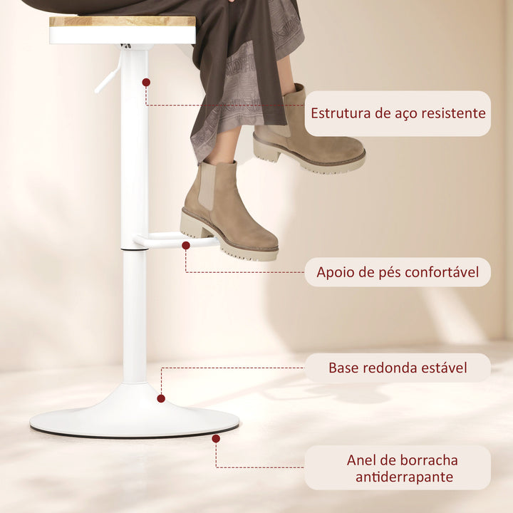 Conjunto de 2 Bancos de Bar Giratórios Bancos Altos de Cozinha com Altura Ajustável Assento em Madeira Estrutura em Aço e Descanso para Pés para Sala de Jantar Balcão 38,5x38,5x60-80 cm Madeira e Branco